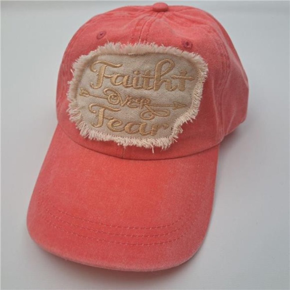 Faith Over Fear Women's Hat Cap Religious Cotton Pink Embroidered Ragged Patch - Picture 4 of 5